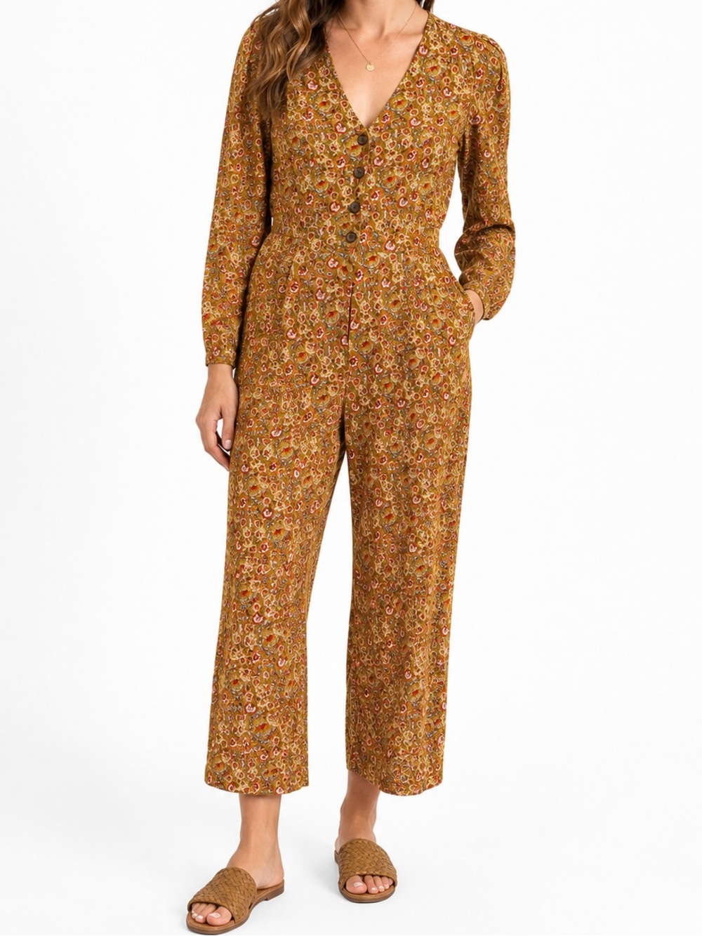 Madewell • Corduroy Brown Jumpsuit Size 4 Gold Orange Mumbai Floral Puff Sleeve